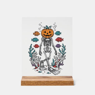 Vintage-Kürbis-Skelett-Taucher-Halloween-Fisch-Des Acrylschild