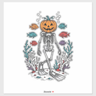 Vintage-Kürbis-Skelett-Taucher-Halloween-Fisch-Des Aufkleber