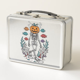 Vintage-Kürbis-Skelett-Taucher-Halloween-Fisch-Des Metall Brotdose