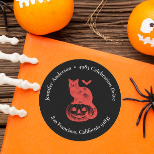 Vintage-Kürbis-und-Katze-Halloween-Rücksendeadress Runder Aufkleber
