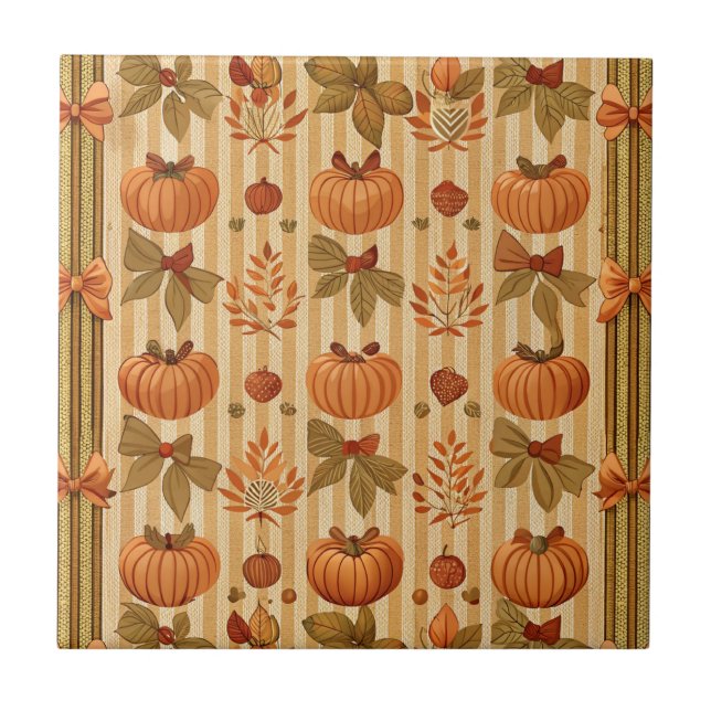 Vintage-Kürbis-und-Schleife-Herbstmuster Fliese (Vorderseite)
