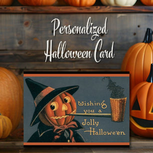 Vintage Kürbishexe und Rohrkreuz Feiertagskarte