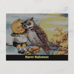 Vintage-Kürbisjunge und Eule auf Halloween-Grußkar Postkarte