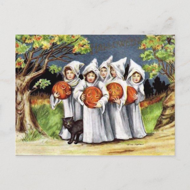 Vintage Kürbiskatzenkätzchen Halloween Feiertagspostkarte (Vorderseite)