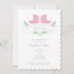 Vintage Kutsche SIP & SIEHE rosa Kinderwagen Einladung