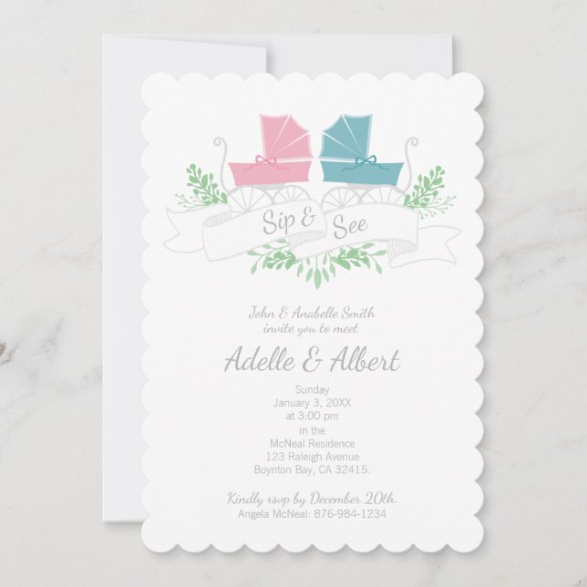 Vintage Kutschweine SIP & SEE Pink Blue Einladung (Vorderseite)