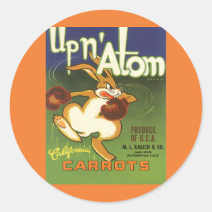 Vintage-Label-Art Boxerkaninchen, Up n Atom Karott Runder Aufkleber