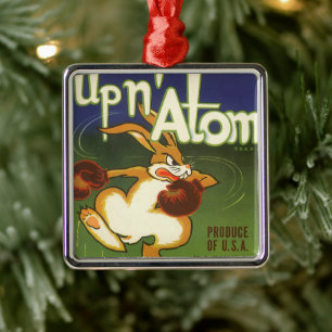 Vintage-Label-Kunst Boxen Hase, Up n Atom Karotten Silbernes Ornament