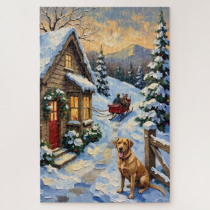 Vintage-Labrador-Retriever-Weihnachts-Cottage Puzzle