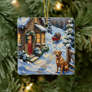 Vintage-Labrador-Retriever-Weihnachtshaus Keramikornament