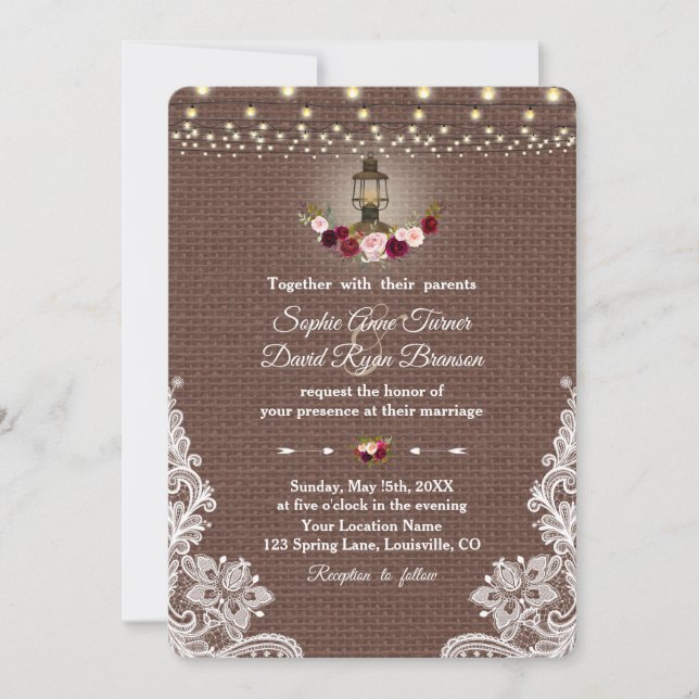 Vintage Lace Burlap Lantern String Lights Hochzeit Einladung (Vorderseite)