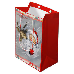 Vintage lachender Weihnachtsmann mit Rentier Mittlere Geschenktüte