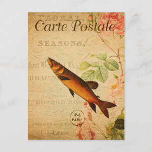 Vintage-Lachs-Typ-Fisch-Blumen-Blumen-Französisch Postkarte