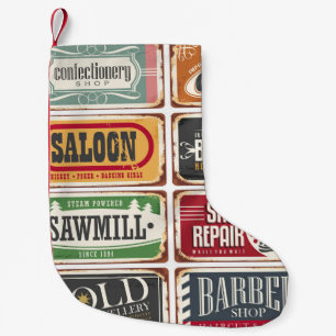 Vintage Ladenplakatsammlung. Zinn für Retro Kleiner Weihnachtsstrumpf