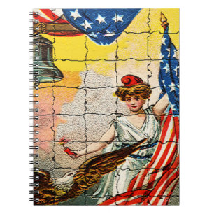 Vintage Lady, Adler, Flag und Liberty Bell Mosiac Notizblock