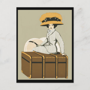 Vintage Lady auf Reise Koffer Postkarte