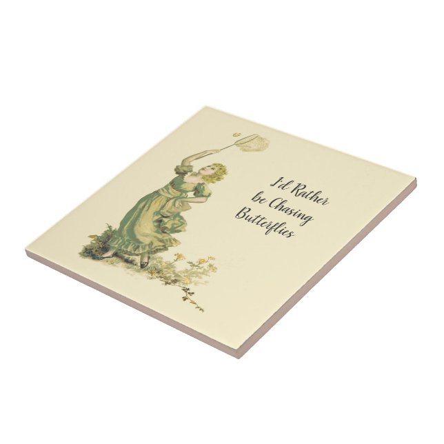 Vintage Lady Chasing Butterflies Fliese (Seite)