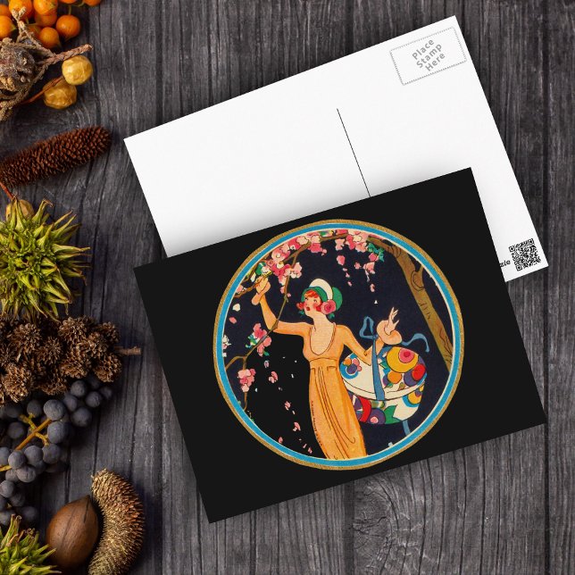 Vintage Lady Cherry Blossom Tree Hat Box Postkarte (Lady with flowered box picking pink blossoms from cherry tree on black postcard.)