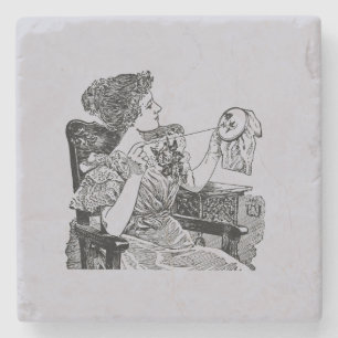 Vintage Lady Embroidery Lavender Gray Steinuntersetzer