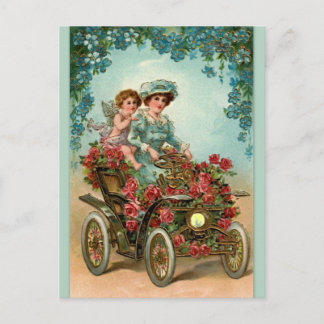 Vintage Lady fährt Auto mit Engel Postkarte