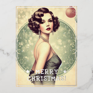 Vintage Lady Frohe Weihnachtsgrüße Retro Pic Folien Feiertagspostkarte