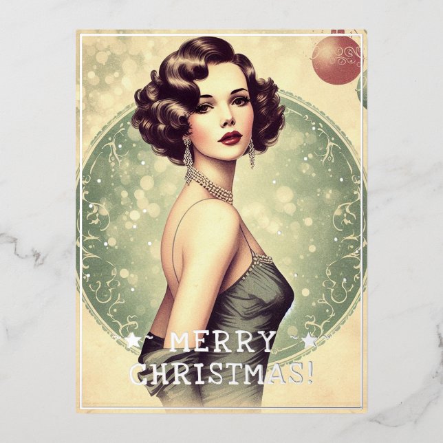 Vintage Lady Frohe Weihnachtsgrüße Retro Pic Folien Feiertagspostkarte (Vorderseite)