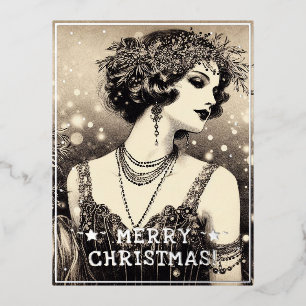 Vintage Lady Frohe Weihnachtsgrüße Retro Pic Folien Feiertagspostkarte