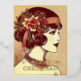 Vintage Lady Frohe Weihnachtsgrüße Retro Pic Folien Feiertagspostkarte