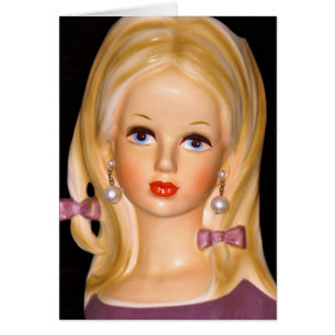 Vintage Lady Head Teen Girl Lila Bows Karte der 60