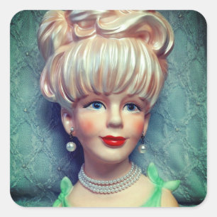 Vintage Lady Head Vase Big Bouffant Haare Perlen Quadratischer Aufkleber