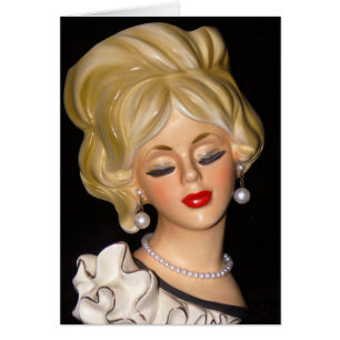 Vintage Lady Head Vase Chic Big Hair Ruffles Card