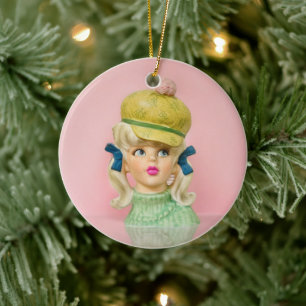 Vintage Lady Head Vase Teen Mod Hat Pigtails Keramik Ornament