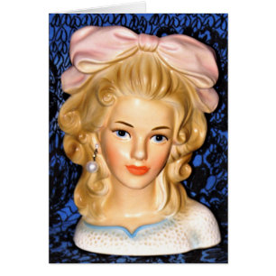 Vintage Lady Head Vase Teen Pink Bow Karte der 60e