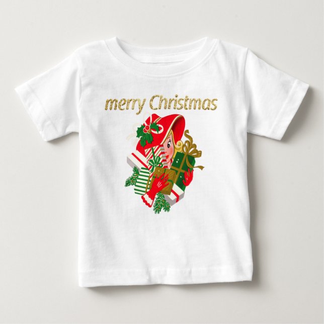 Vintage Lady Holding Weihnachtsgeschenke Baby T-shirt (Vorderseite)