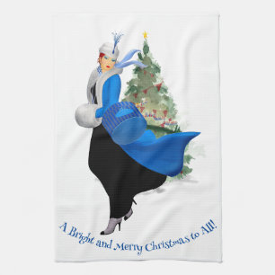 Vintage Lady in Blue Christmas Gruß Geschirrtuch