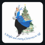 Vintage Lady in Blue Christmas Gruß Quadratischer Aufkleber<br><div class="desc">Vintage Lady in Blue Christmas Gruß</div>