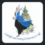 Vintage Lady in Blue Christmas Gruß Quadratischer Aufkleber<br><div class="desc">Vintage Lady in Blue Christmas Gruß</div>