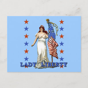 Vintage Lady Liberty mit amerikanischer Flagge Postkarte