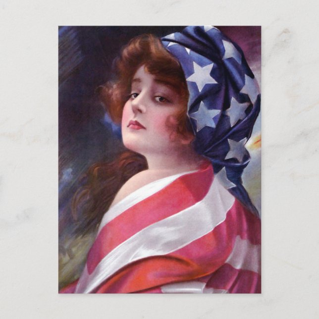 Vintage Lady Liberty unter amerikanischer Flagge Postkarte (Vorderseite)