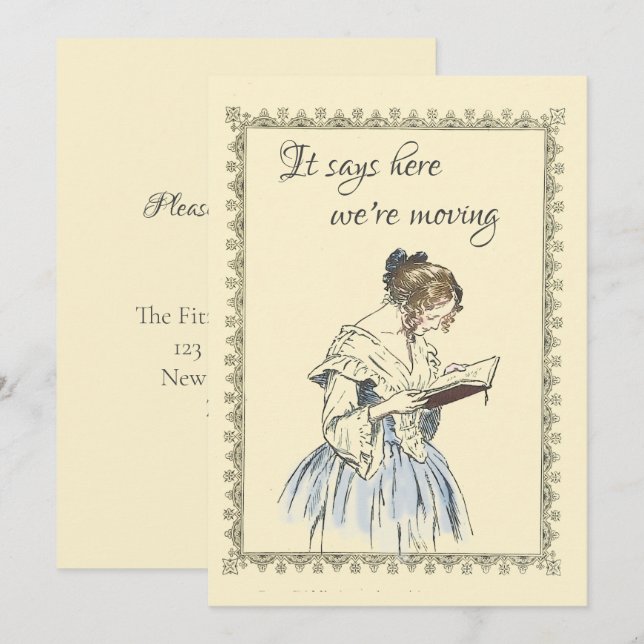 Vintage Lady liest eine Ankündigung zur Buchbewegu (Vorne/Hinten)