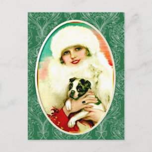 Vintage Lady mit Boston Terrier Postkarte