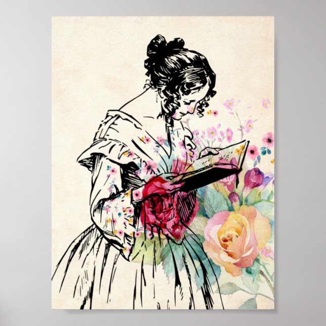 Vintage Lady mit Buch Poster (Vorne)