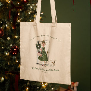 Vintage-Lady-mit-Katze-Weihnachtsmarkt-Monogramm Tragetasche