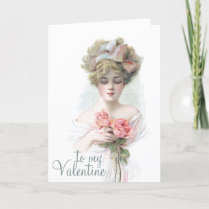 Vintage Lady Pink Rose Valentine Gedicht Holiday C Feiertagskarte