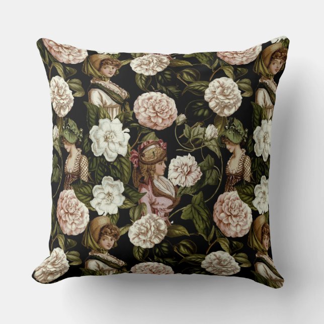 Vintage Lady Retro Botanische Blume Blumenmuster Kissen (Vorderseite)