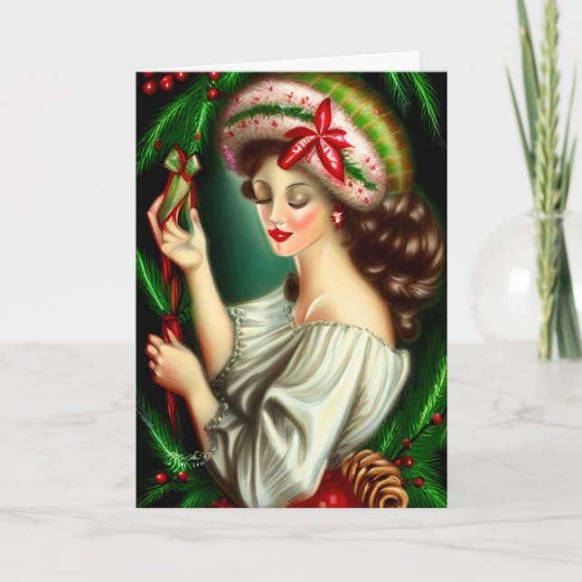 Vintage Lady Retro Weihnachtskarte Feiertagskarte (Vorderseite)