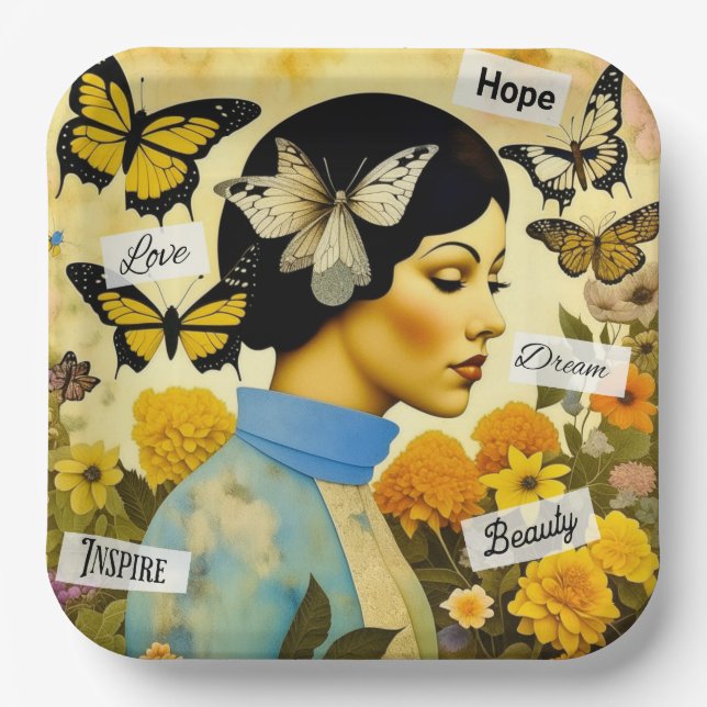 Vintage Lady, Schmetterlinge, Blume und Inspiriere Pappteller (Vorderseite)
