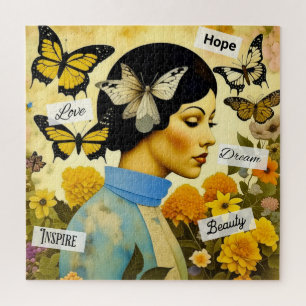 Vintage Lady, Schmetterlinge, Blume und Inspiriere Puzzle