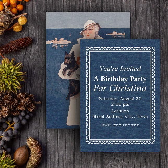 Vintage Lady Scotty Terrier Dog Ocean Geburtstag Einladung (Elegant Lady by ocean holding Scotty dog on dark blue birthday party invitations.)
