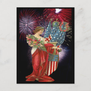 Vintage Lady und Feuerwerk Postkarte
